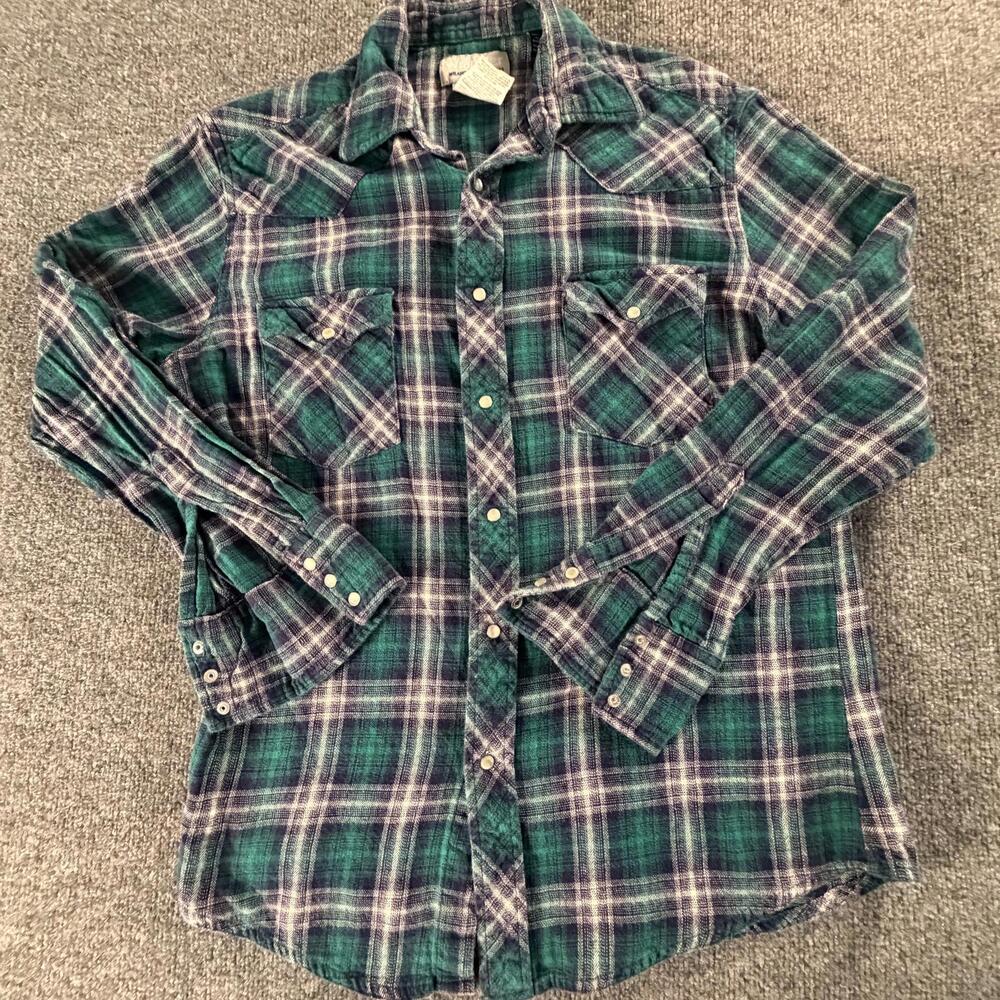 Wrangler Wrancher Mens Green Blue Plaid Western Snap Flannel Shirt M MTSC076 668